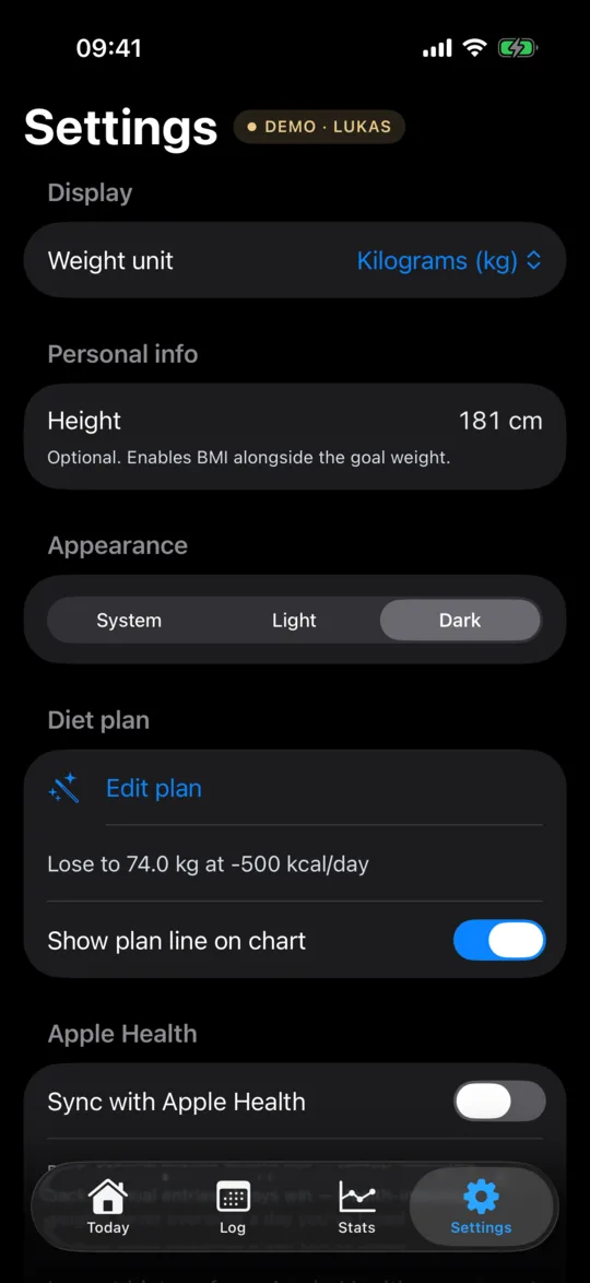 HackDiet Settings in Dark theme