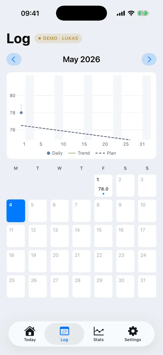 The Log screen showing a calendar grid for the visible month