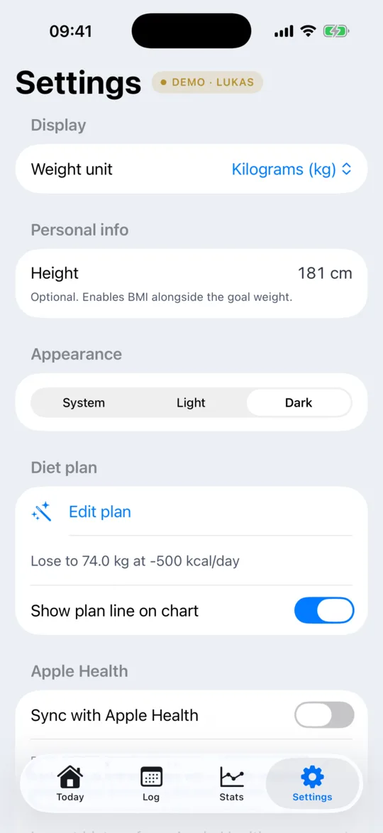The Settings screen