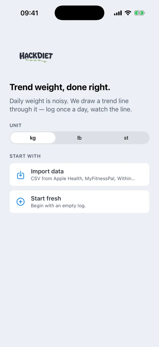 The HackDiet welcome screen with unit picker and start-with options